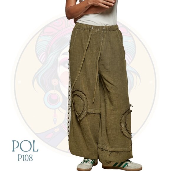 P108 POL Olive Green Washed Double Gauze Joggers with Stud Details - Picture 1 of 3